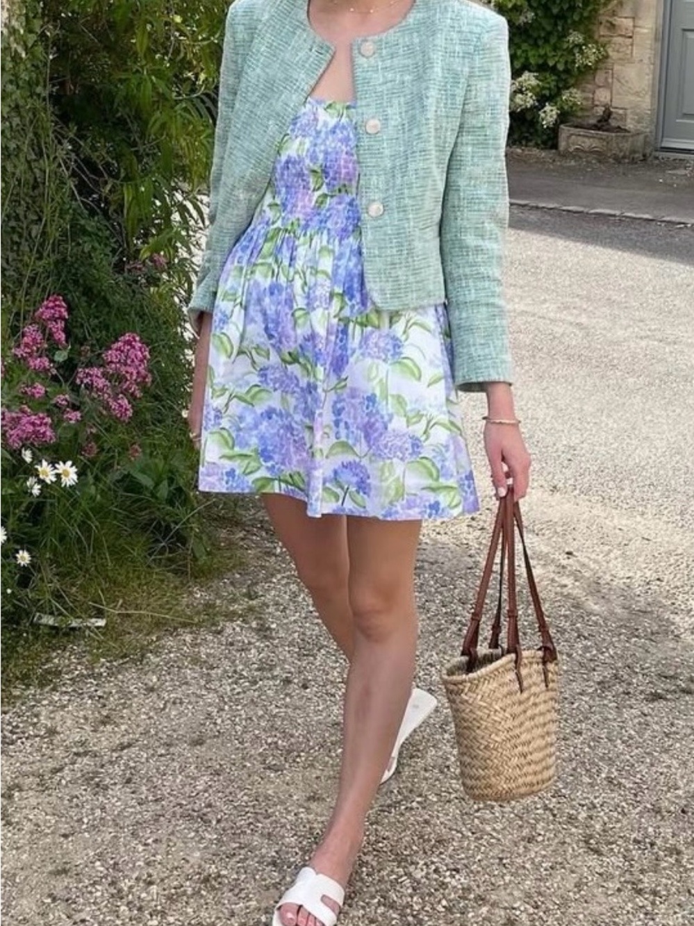Hill House Lavender Floral Smocked Mini Dress with Green Leaf Print